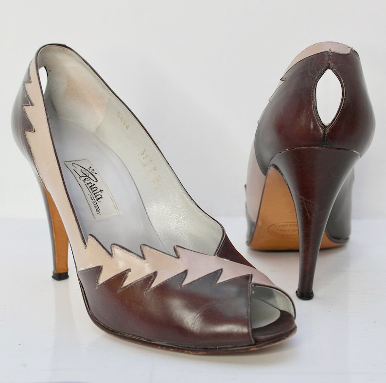 UK4 Renata Heels, Vintage Leather Heels, Statement Shoes, Grey Stiletto Heels, Italian Leather Shoes, Peep Toe 1980s Occasion Shoes image 1