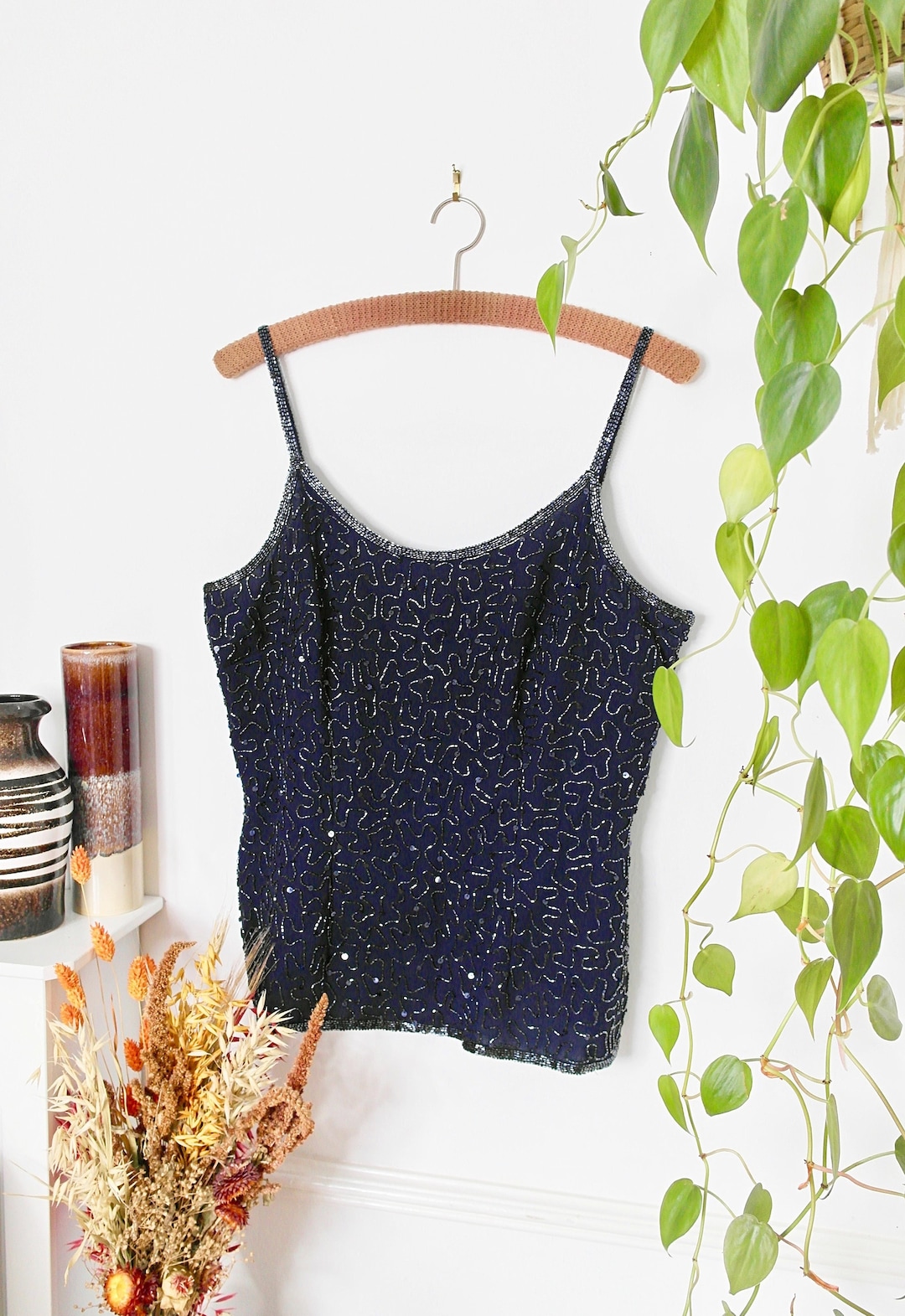 Beaded Blouse, Vintage Evening Top, Beaded Vest Top, Blue Silk Blouse