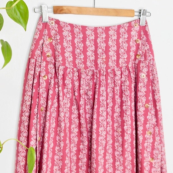 True Vintage Skirt, Feminine Vintage, Pink Floral Print, XS Cotton Midi Skirt, Pretty Vintage Skirt, 1970s Ditsy Printed Skirt, Bohemian