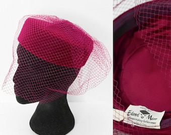 1960s Pillbox Hat, Veiled Formal Hat by Edward Mann, Red Vintage Hat with Birdcage Veil, Burgundy Red Pillbox Hat, Edward Mann London