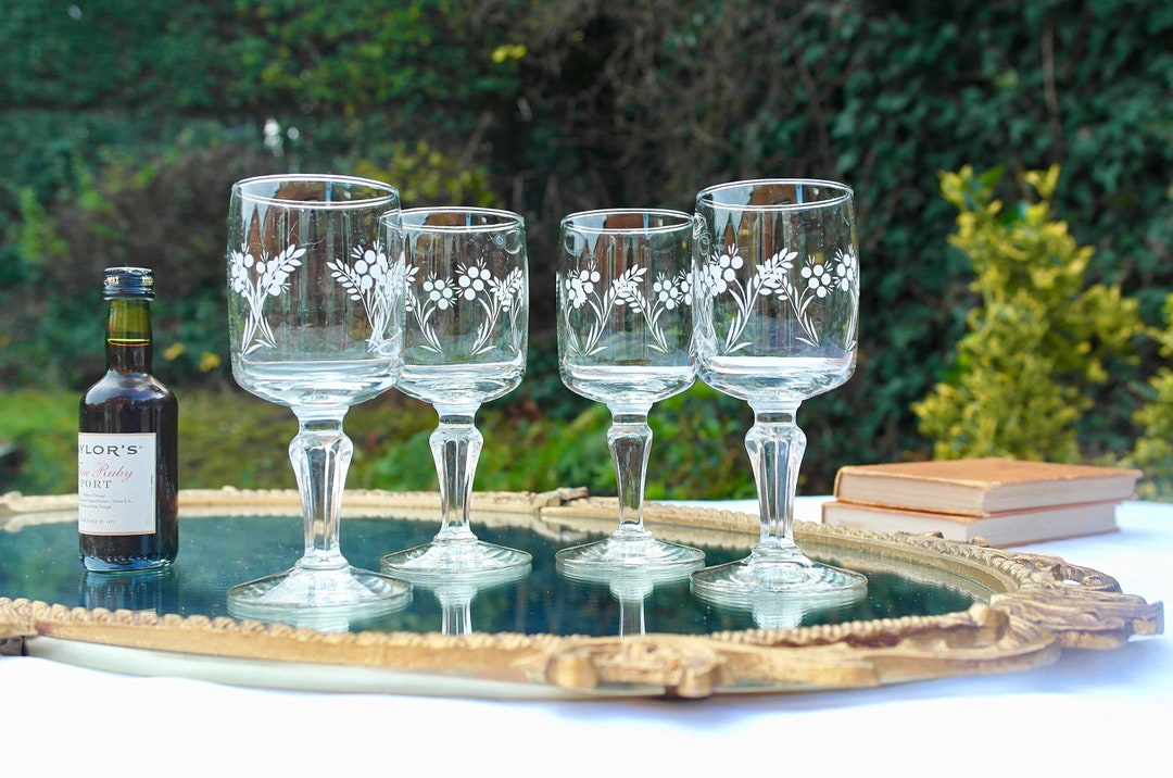 6 Vintage Crystal Wine Glasses with Beautiful Floral Design - Ruby Lane