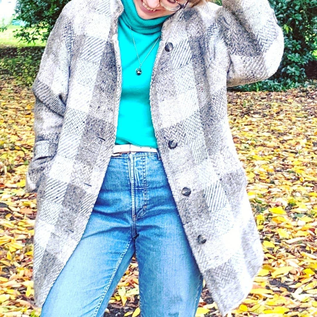 Image of Grey Wool Winter Coat S Vintage Tweed S Check Print Plaid Stand Collar Button Front Outerwear Size Medium