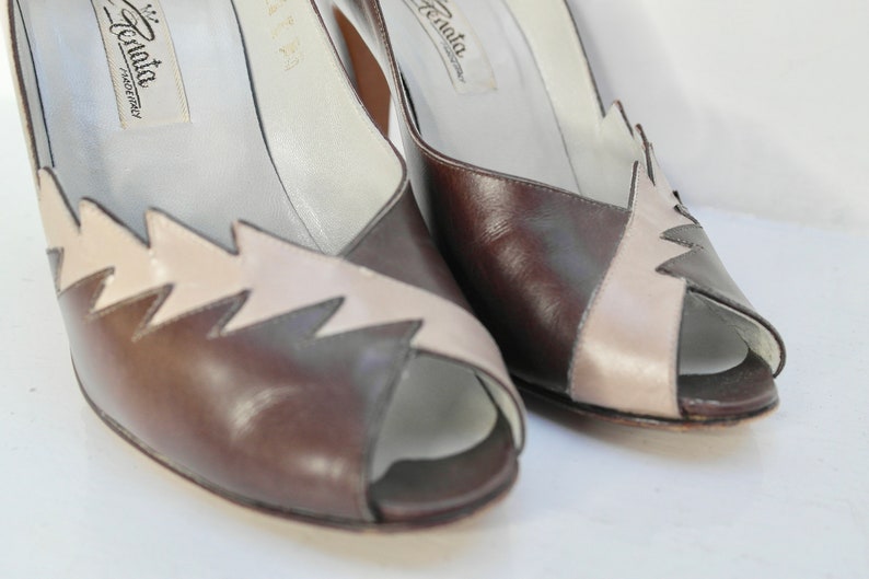 UK4 Renata Heels, Vintage Leather Heels, Statement Shoes, Grey Stiletto Heels, Italian Leather Shoes, Peep Toe 1980s Occasion Shoes image 6