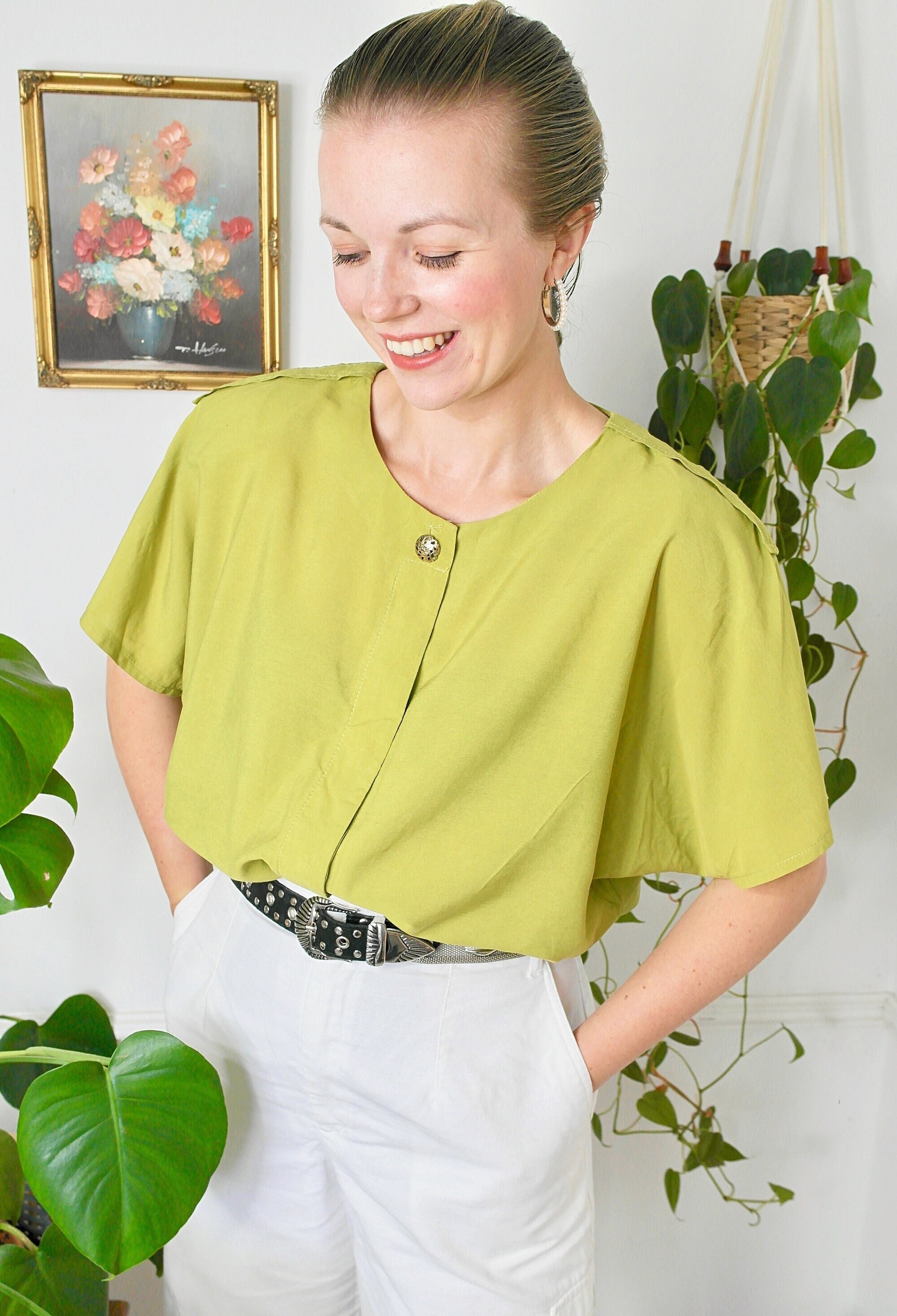 Lime Green Blouse, UK16 Vintage Blouse, Retro Top, Vintage Womenswear, Short Sleeve Blouse, Green Blouse, Plus Size Vintage, 80s Summer Top