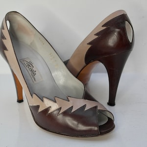 UK4 Renata Heels, Vintage Leather Heels, Statement Shoes, Grey Stiletto Heels, Italian Leather Shoes, Peep Toe 1980s Occasion Shoes image 2