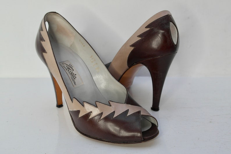 UK4 Renata Heels, Vintage Leather Heels, Statement Shoes, Grey Stiletto Heels, Italian Leather Shoes, Peep Toe 1980s Occasion Shoes image 2