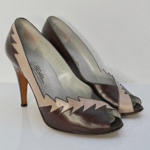 UK4 Renata Heels, Vintage Leather Heels, Statement Shoes, Grey Stiletto Heels, Italian Leather Shoes, Peep Toe 1980s Occasion Shoes image 5