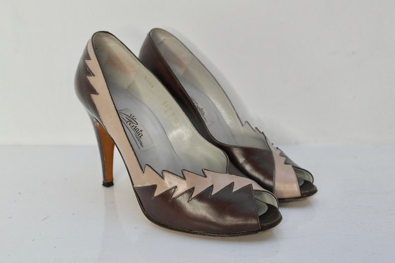 UK4 Renata Heels, Vintage Leather Heels, Statement Shoes, Grey Stiletto Heels, Italian Leather Shoes, Peep Toe 1980s Occasion Shoes image 5