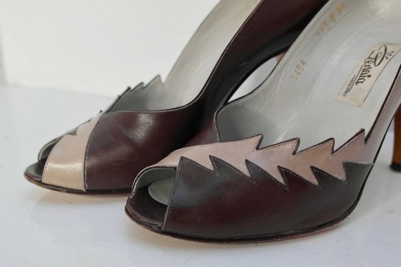 UK4 Renata Heels, Vintage Leather Heels, Statement Shoes, Grey Stiletto Heels, Italian Leather Shoes, Peep Toe 1980s Occasion Shoes image 3
