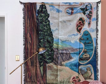 California Redwoods Woven Art Blanket | Sea Otters, Hummingbird, Poppies Woven Tapestry | Gift for Parents | Big Sur Woven Blanket Painting