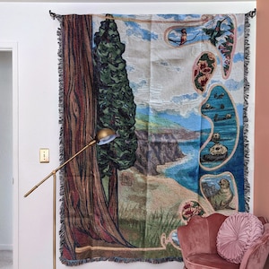 California Redwoods Woven Art Blanket | Sea Otters, Hummingbird, Poppies Woven Tapestry | Gift for Parents | Big Sur Woven Blanket Painting
