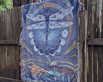 Dragonfly Woven Art Blanket | Phases of the Moon Woven Tapestry | Gift for Nature Lovers, Gifts for Women | Mushroom Woven Blanket Painting