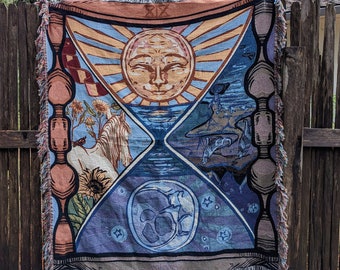 Sun Moon Tarot Woven Art Blanket | Reversible Major Arcana Woven Tapestry | Gift for Nature Lovers| Sun Card Moon XL Woven Blanket Painting