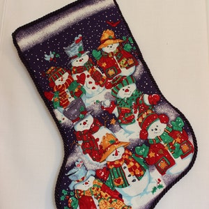 HANDCRAFTED, Unique CHRISTMAS STOCKING, A Festive Snowman Gathering, image 1