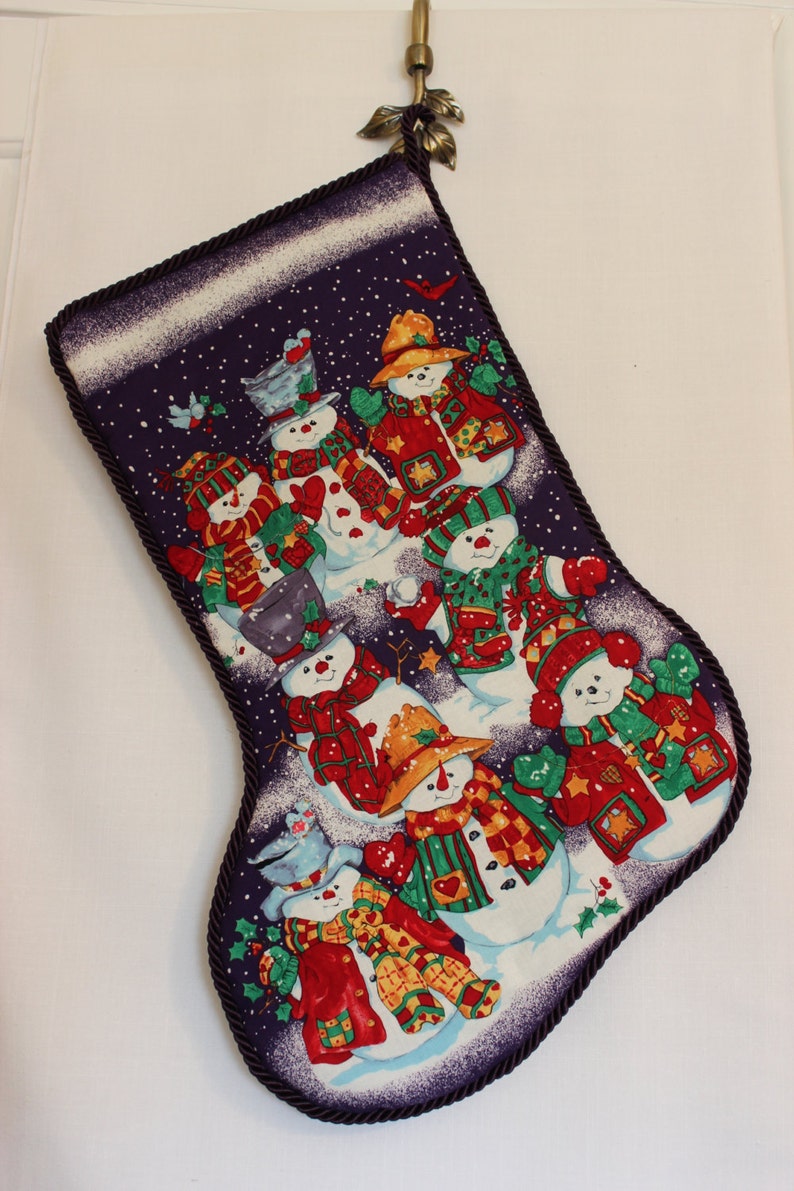 HANDCRAFTED, Unique CHRISTMAS STOCKING, A Festive Snowman Gathering, image 1