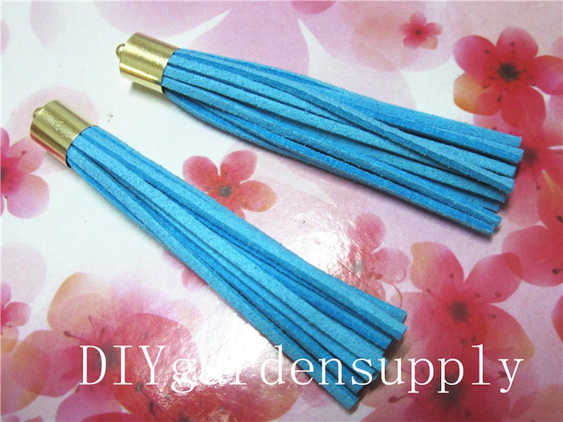 30pcs 85mm blue suede leather with gold plated copper caps tassels ears charms findings