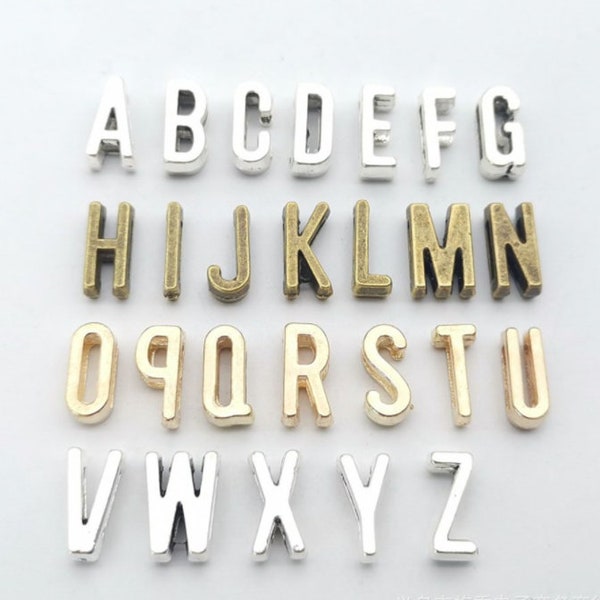 100 Stück Antiqued Bronze / Antik Silber Gold 6x11mm Alphabet Slide Buchstaben Charms Finden --- passend für 6mm Breite Slide