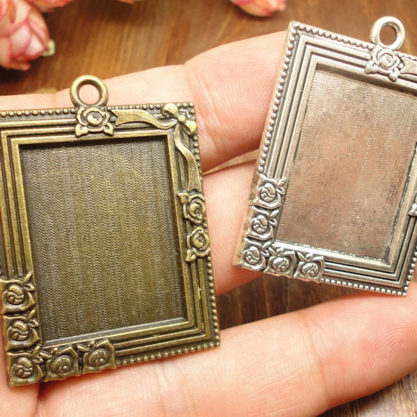 20pcs 20x30mm(cabochon size)heavy filigree rectangle cabochon bezel trays/pendant blank/picture frame charms findings