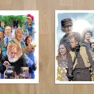 May include: Two rectangular art prints featuring detailed character illustrations. The left print displays a collage of various people in colourful attire, while the right print shows a group of individuals in outdoor gear against a bright sky.