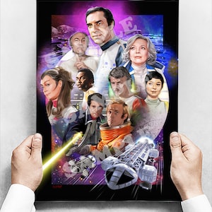 May include: A colourful illustration of the cast of the 1970s science fiction television series "Space: 1999". The characters are depicted in a space setting with a spaceship in the foreground.