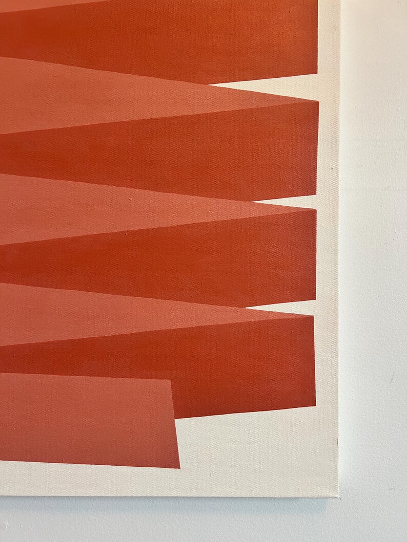 May include: Abstract painting with a geometric design of overlapping red and orange stripes. The stripes are arranged in a diagonal pattern, creating a sense of movement and depth.