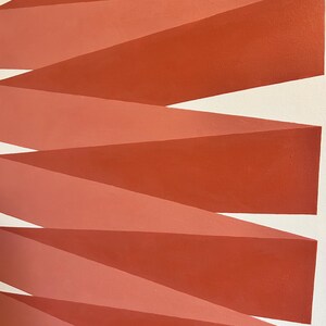 May include: Abstract geometric art print featuring a series of overlapping, angled, red and orange stripes on a white background.