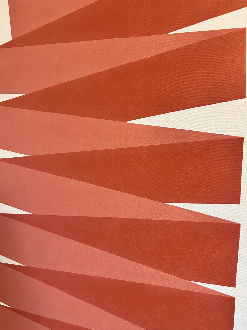 May include: Abstract geometric art print featuring a series of overlapping, angled, red and orange stripes on a white background.