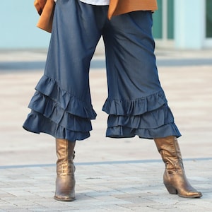 Soft Denim Ruffle Bloomer Pantaloons Pants Capris