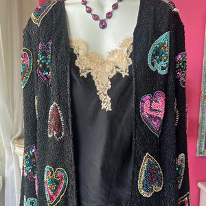 Vintage 1980s Long Heart Sequin Beaded Silk Jacket