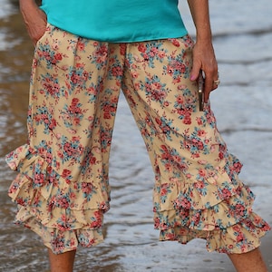 Tan Floral PantalOOnie Bloomer Pants with Pink and Turquoise Roses