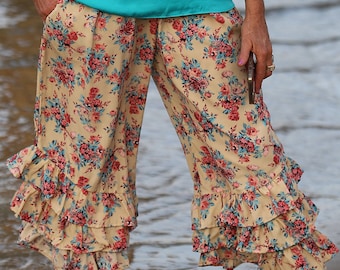 Beige Floral PantalOOnie Bloomer Hose mit Rosa und Türkis Rosen