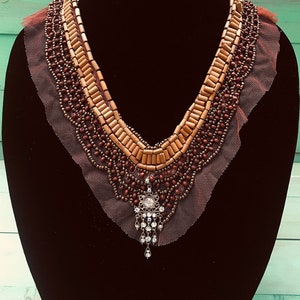 One Of A Kind Brown Netted Lace Rhinestone Beaded Tie Back Necklace