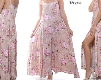 Pink Floral Maxi Dress/Button Down/Vintage inspired