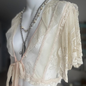 Antique Lace White and Pink Netted Lace Bed Jacket One Of A Kind Handmade