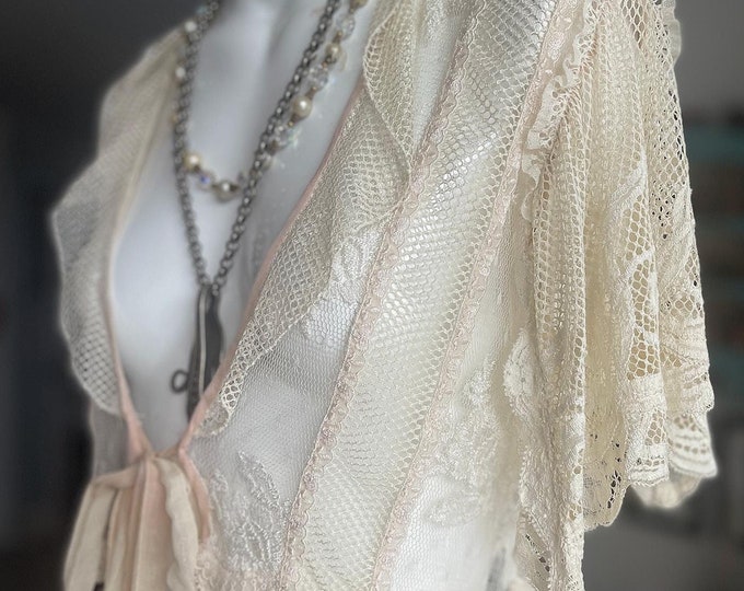 Antique Lace White and Pink Netted Lace Bed Jacket One of A Kind ...