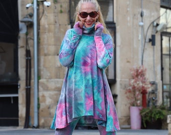 Cowl Neck Tie Dye Flare Top with Thumbholes and Pockets