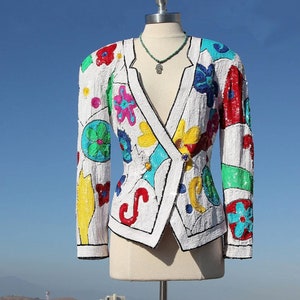 Vintage 80s Sequin Jacket: Silk Floral Mod Blazer