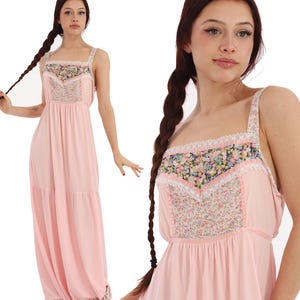 Vintage 1970s Baby Pink Jessica McClintock Style Ditsy Floral Slip Dress