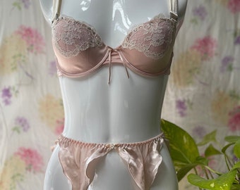 Vintage Pink Satin Bra Garter Lace Rhinestone Set 34B