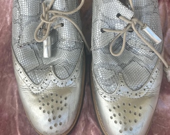 Zapatos Oxford vintage de piel de serpiente para mujer, de piel plateada