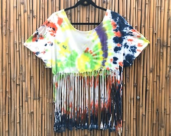 Vintage 70s White Multi Color Tie Dye Fringe T Shirt