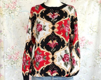 Vintage 80s Black Rose Floral Knit Sweater Fit Small- Medium