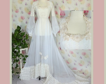 Vintage 60s White Lace Sheer Wedding Gown Dress