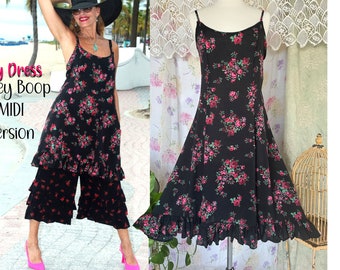 Black Rose Floral Midi Ruffle Dress with Pockets