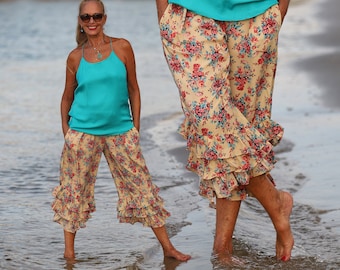 Tan Floral PantalOOnie Bloomer Pants with Pink and Turquoise Roses