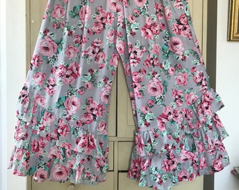 Gray Floral Bloomer Pants/Grey Pantaloons/Ruffle Pants