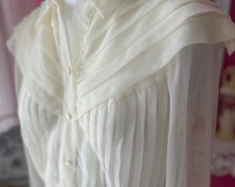 Vintage 1950s Sheer Pleated Long Sleeve Button Up Blouse
