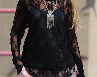 Black Lace Flare Frenchie Top with Thumbholes