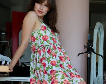 Rose Floral Print Rayon Babydoll Mini Dress S/M/L/XL