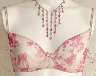 Vintage 80er Jahre Victoria's Secret BH: Fuchsia Floral Mesh, 34B Bügel